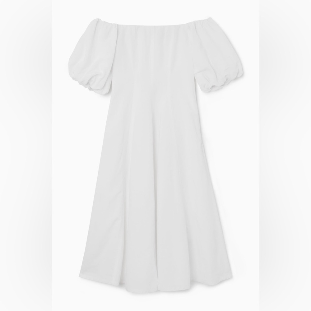 COS OFF-THE-SHOULDER PUFF-SLEEVE MIDI DRESS